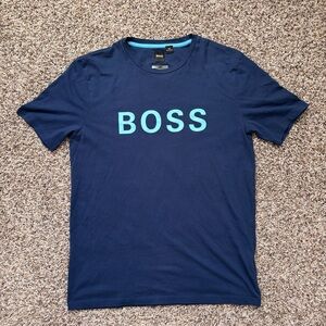 BOSS Men's Dark Blue Tee with Light Blue Logo